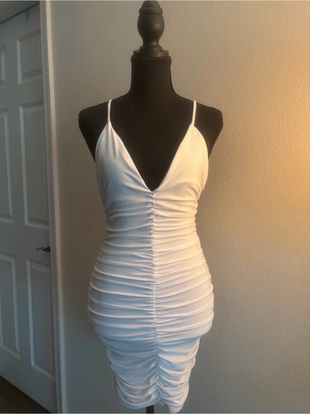 Fashion Nova White Ruched Spaghetti Strap Bodycon Dress